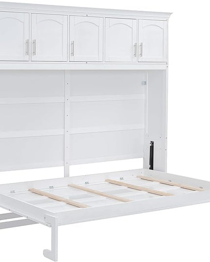 Merax Farmhouse Solid Wood Murphy Bed Chest with Top Cabinets, Storage Wall Platform Bed with Wood Slat Support/Space Saving Queen,White - LeafyLoom