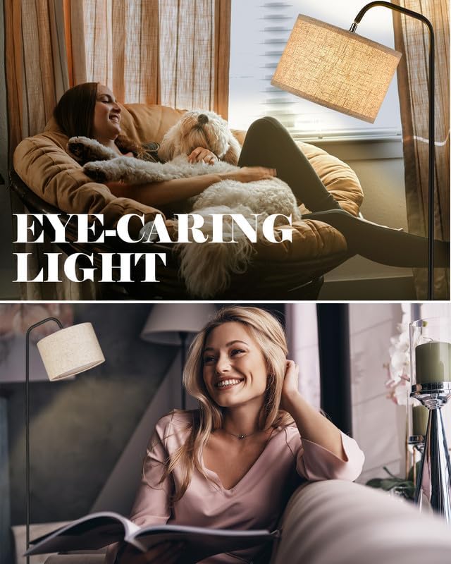 ELYONA Modern Floor Lamp for Living Room, Tall Pole Standing Light with 2 Fabric Shades and 9W LED Bulb, Industrial Reading Light, Adjustable Floor Lamps for Office, Bedrooms, Farmhouse, Black - LeafyLoom