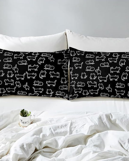 Feelyou Cartoon Cat Bed Sheet Set Cute Pet Cats Kids Comforter Set Animal Pattern Printed Bedding Set Set for Boys Room Decor Kitten Print Bed Cover Queen Size with 3 Pillow Case - LeafyLoom
