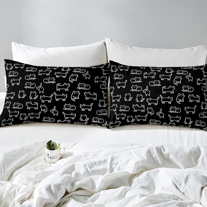 Feelyou Cartoon Cat Bed Sheet Set Cute Pet Cats Kids Comforter Set Animal Pattern Printed Bedding Set Set for Boys Room Decor Kitten Print Bed Cover Queen Size with 3 Pillow Case - LeafyLoom