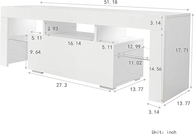 TV Stand Base, Entertainment Center Cabinet with LED Light Media Console for Living Room, Bedroom, 51 Inch, White - LeafyLoom