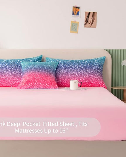 RYNGHIPY 6Pcs 3D Glitter Comforter Bedding Sets for Kids Teens Girls Women, Turquoise Blue Pink Rainbow Quilt Set Queen Size, Ultra Soft Reversible Bed in A Bag - LeafyLoom