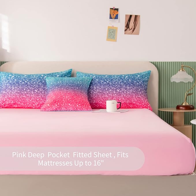 RYNGHIPY 6Pcs Gradient Glitter Bedding Set for Girls Twin Size, Colorful Rainbow All-Season Comforter Set, Ultra Soft Bedding Collections - LeafyLoom