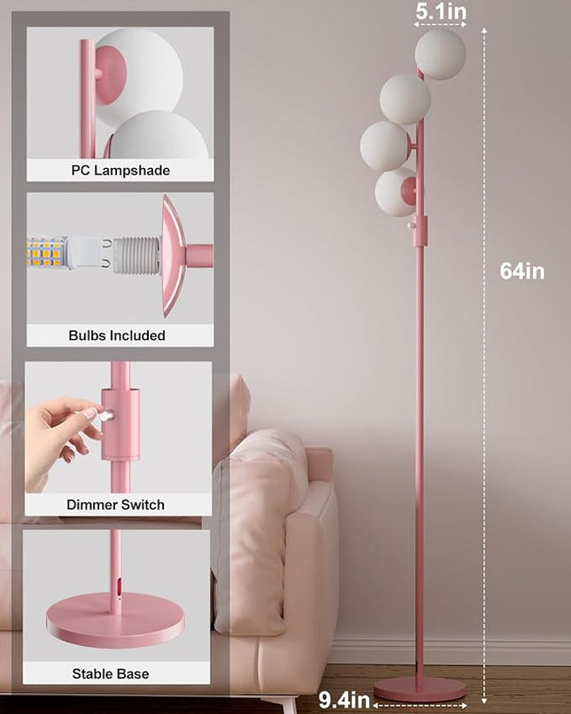 64IN Dimmable Pink Floor Lamp, Tall Standing Lamps with 4 Globe Soft Warm White Eye Care 3000K G9 Bulbs, Mid Century Modern Floor Lamp for Bedroom Office - LeafyLoom