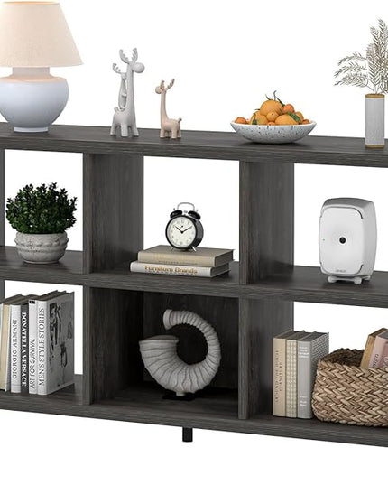FOLUBAN 6 Cube Storage Organizer with Shelf, Wood and Metal Cubby Bookcase, Industrial Low Horizontal Bookshelf (Dark Grey, 47 Inch) - LeafyLoom