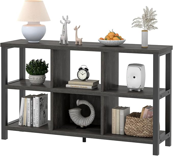 FOLUBAN 6 Cube Storage Organizer with Shelf, Wood and Metal Cubby Bookcase, Industrial Low Horizontal Bookshelf (Dark Grey, 47 Inch) - LeafyLoom
