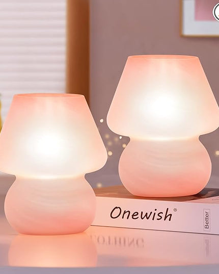 Mushroom Table Lamps for Bedroom Set of 2 Nightstand Light Pink, Small Glass Nightlight Stepless Dimmable Desk Lamp for Dining, Living, Nursery, Vanity, Home Decor, Gift for Girls Women - LeafyLoom