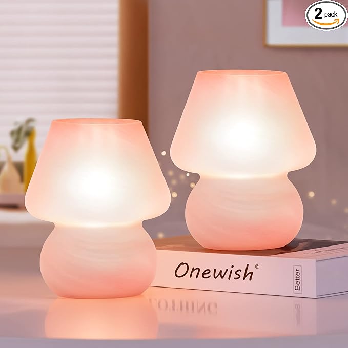 Mushroom Table Lamps for Bedroom Set of 2 Nightstand Light Pink, Small Glass Nightlight Stepless Dimmable Desk Lamp for Dining, Living, Nursery, Vanity, Home Decor, Gift for Girls Women - LeafyLoom