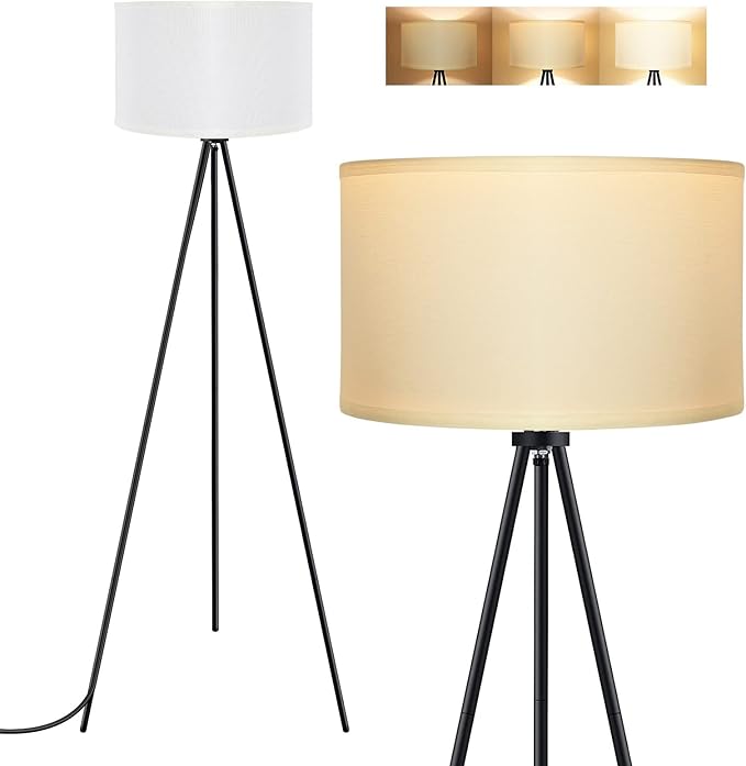 BoostArea Floor Lamp for Living Room, Tripod Floor Lamp, 15W LED Bulb, 3 Levels Dimmable Brightness, White Linen Lamp Shade, Mid Century Standing Lamp for Living Room, Bedroom, Study Room and Office - LeafyLoom