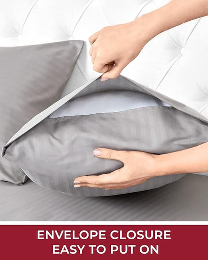 Mellanni Queen Sheets Set - 4 PC Iconic Collection Bedding Sheets & Pillowcases - Hotel Luxury, Extra Soft, Cooling Bed Sheets - Deep Pocket up to 16 inch (Queen, Striped Gray/Silver) - LeafyLoom