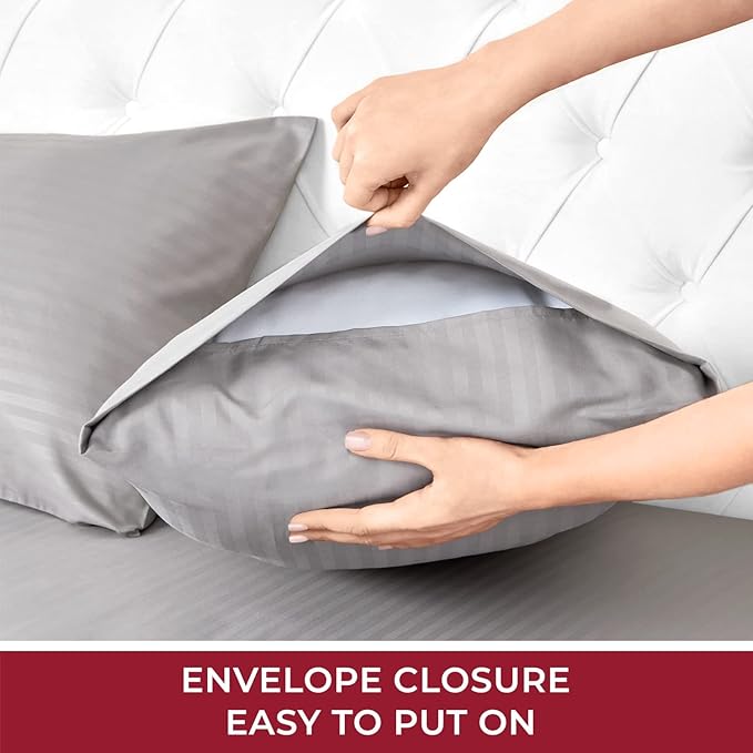 Mellanni Queen Sheets Set - 4 PC Iconic Collection Bedding Sheets & Pillowcases - Hotel Luxury, Extra Soft, Cooling Bed Sheets - Deep Pocket up to 16 inch (Queen, Striped Gray/Silver) - LeafyLoom