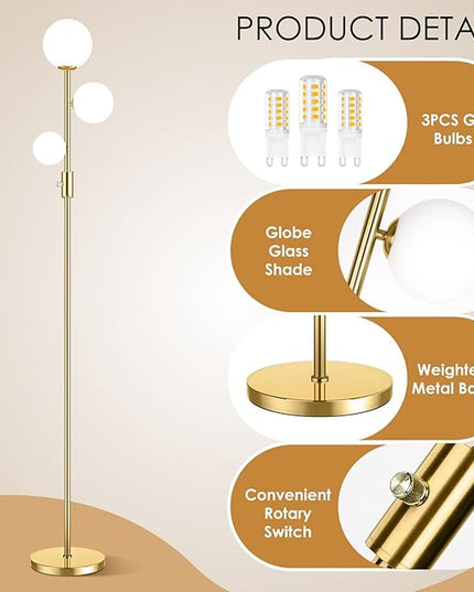69" 3-Globe Mid Century Floor Lamp for Living Room, Modern Dimmable Tall Standing Lamp with Frosted Glass Shades, Contemporary Gold Pole Lamp for Bedroom Office, 3 LED Bulbs Included - LeafyLoom