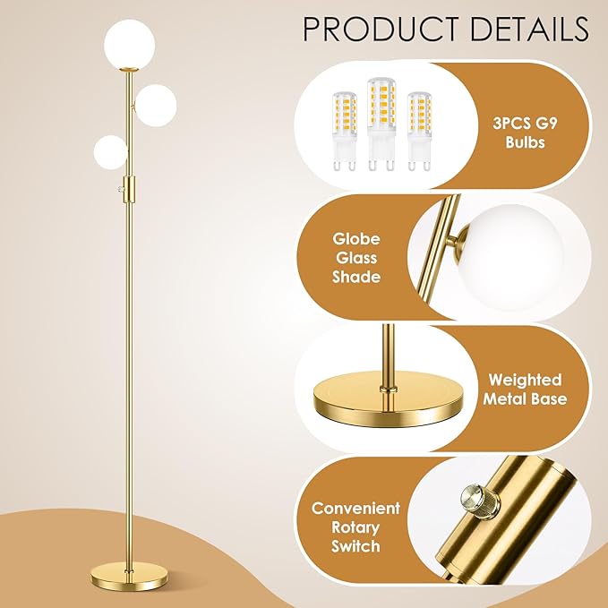 69" 3-Globe Mid Century Floor Lamp for Living Room, Modern Dimmable Tall Standing Lamp with Frosted Glass Shades, Contemporary Gold Pole Lamp for Bedroom Office, 3 LED Bulbs Included - LeafyLoom