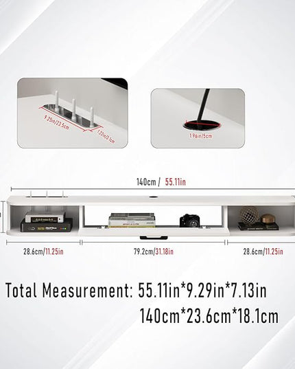Floating TV Unit, 55'' Wall Mounted TV Cabinet, Floating Shelves with Door, Modern Entertainment Media Console Center Large Storage TV Bench for Living Room & Office (55.12IN, White) - LeafyLoom