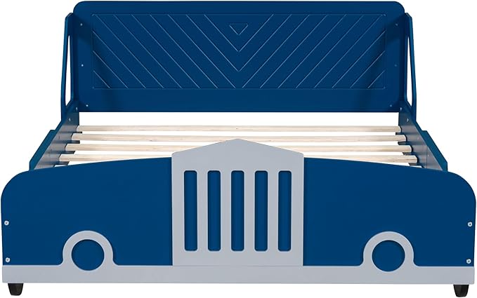 Full Size Car-Shaped Platform Bed with Wheels,Wood Bedframe W/Rails on Both Sides & Slat Support,No Box Spring Needed,Fun Play for Boys Kids Toddlers Child's Bedroom,Blue - LeafyLoom