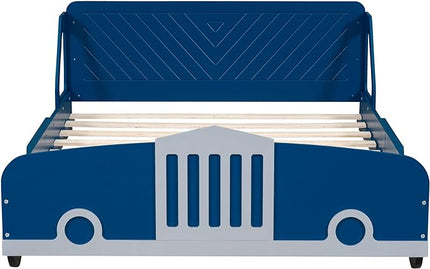 Full Size Car-Shaped Bed Frame for Kids,Wooden Platform Bed with Wheels and Side Rails for for Boys Girls,Wood Slat Supports,No Box Spring Needed,Blue - LeafyLoom