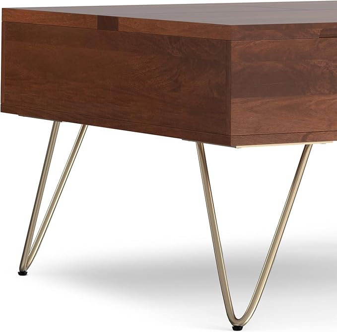SIMPLIHOME Hunter SOLID MANGO WOOD Wide Square Industrial Lift Top Coffee Table for The Living Family Room, 32 inch, Umber Brown, Gold - LeafyLoom