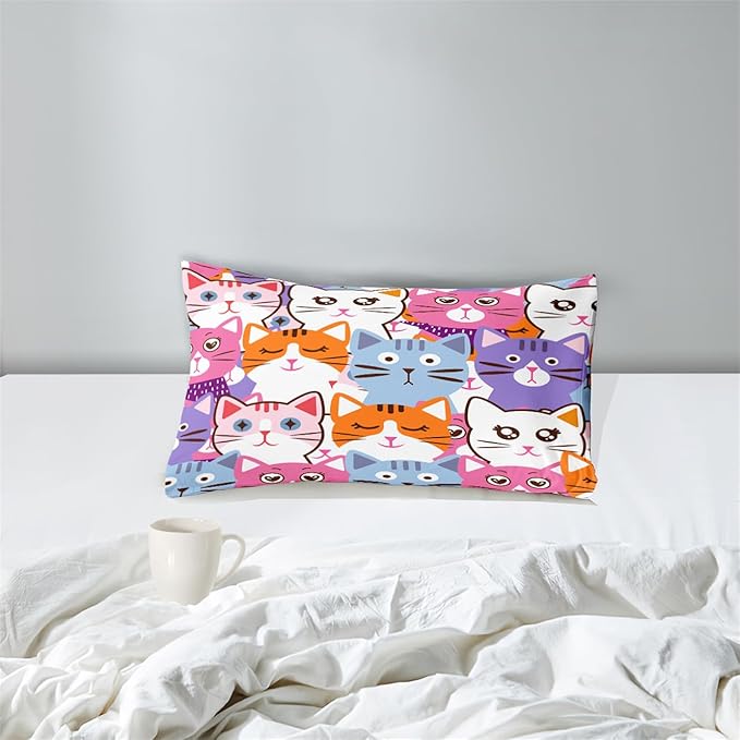 Cartoon Cat Bedding Set - 2Pcs Cute Cat Comforter Set for Bedroom Kids Boys Girls Cat Bedding Decor for All-Season Colorful Kitten Pattern Lovely Animal 1 Cat Comforter with 1 Pillowcase, Twin Size - LeafyLoom