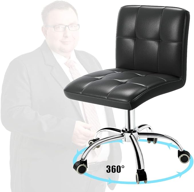 360° Office Desk Chair,PU Adjustable Rolling Task Chair with Backrest for Barber,Office,Home, Computer,360° Swivel,Armless (black) - LeafyLoom
