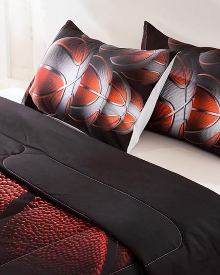 Teens Boys Sports Comforter Set Full,Basketball Bedding Set for Kids,Sports Orange Basketball Comforter Sets,Black Teenage Boy Bedroom Bed Set 3 Pieces with Pillowcases - LeafyLoom
