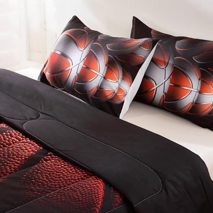 Teens Boys Sports Comforter Set Full,Basketball Bedding Set for Kids,Sports Orange Basketball Comforter Sets,Black Teenage Boy Bedroom Bed Set 3 Pieces with Pillowcases - LeafyLoom