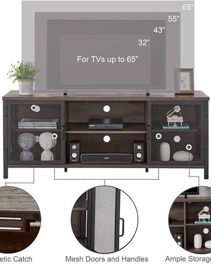 FATORRI Industrial Entertainment Center for TVs up to 65 Inch, Rustic Wood TV Stand, Large TV Console and TV Cabinet for Living Room (60 Inch Wide, Walnut Brown) - LeafyLoom