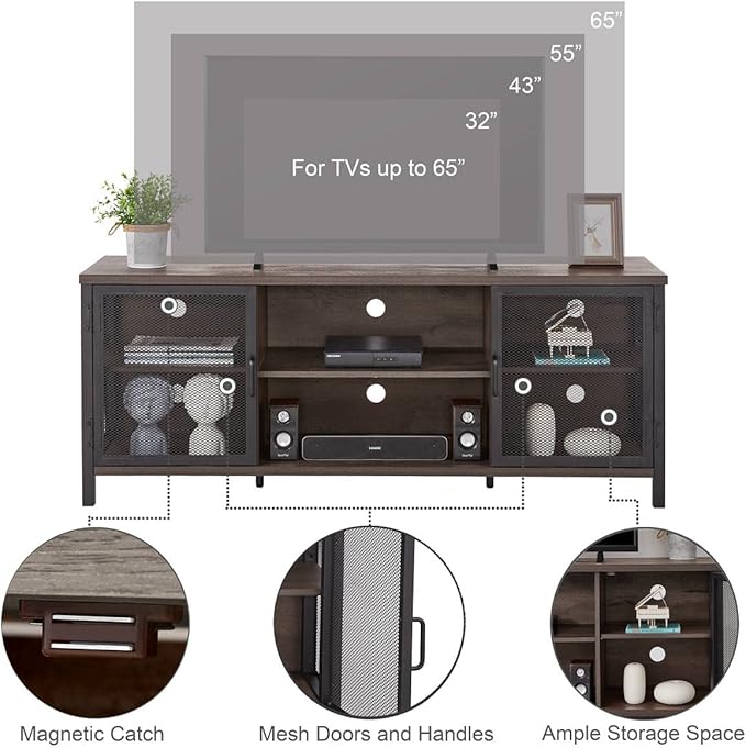 FATORRI Industrial Entertainment Center for TVs up to 65 Inch, Rustic Wood TV Stand, Large TV Console and TV Cabinet for Living Room (60 Inch Wide, Walnut Brown) - LeafyLoom