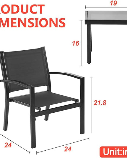FDW 3 Pieces Patio Furniture Set, Outdoor Garden Patio Conversation Sets with Glass Top Table & 2 Lawn Chairs Outdoor Bistro Set, for Backyard Lawn Porch Garden Poolside Balcony - LeafyLoom