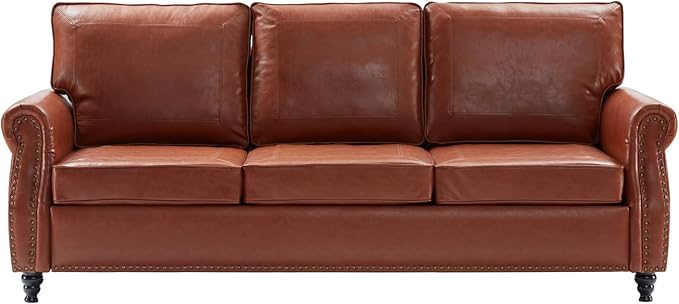 Dreamsir 79'' Traditional Faux Leather Sofa, 3 Seater Couch with Nailhead Trim and Rolled Arms, Classic Couches for Living Room, Bedroom, Apartment, Easy Assembly（Reddish Brown） - LeafyLoom