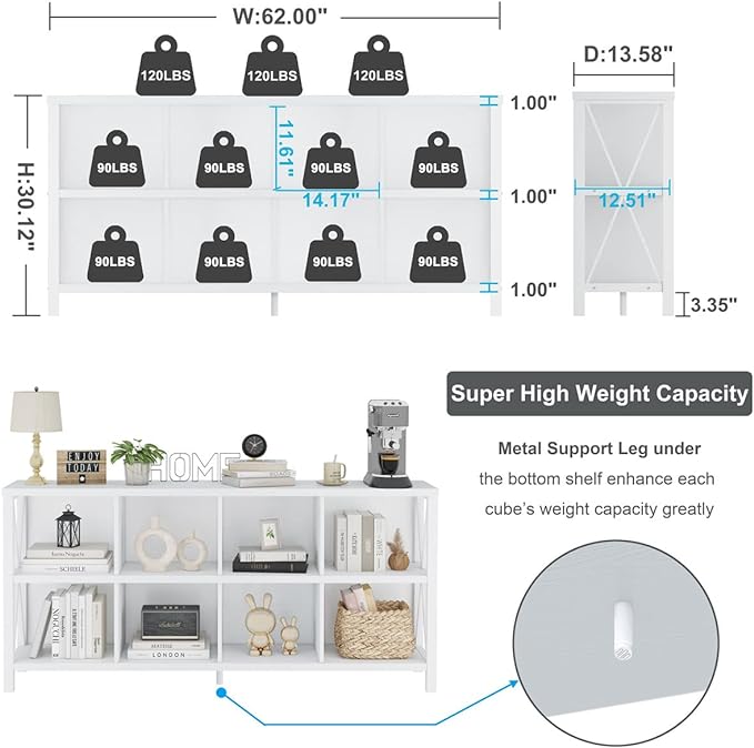 FATORRI 8 Cube Storage Organizer Bookshelf, Rustic Wood Cubby Bookcase, Industrial Horizontal Long Shelf for Living Room (White Oak, 62 Inch) - LeafyLoom