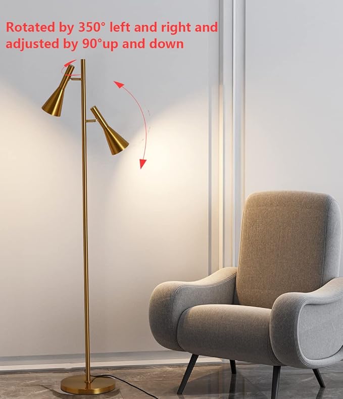 Modern Floor Lamp with 2 Adjustable Head Tall Pole Lamp Stand Up Lamp for Living Room, Bedroom, Office Tree Floor Lamps, Rotating Swivel Corner reading lamps,Gold Floor Lamp(Bulbs Not Included) - LeafyLoom