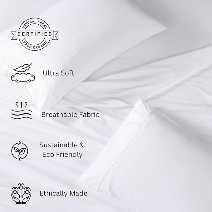 LANE LINEN 100% Organic Cotton Twin Sheets Set, 3Pc Twin Bed Sheets, Breathable Cotton Sheets Twin size Bed Set, Dorm Room Essentials with 15" Twin Deep Pocket Fitted Sheet - White Sheets - LeafyLoom