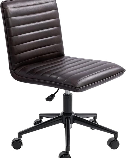 Furniliving Leather Home Office Chair, Armless Vanity Desk Task Chair with Wheels 360° Swivel Computer Rolling Desk Chair with Back, Adjustable Accent Chair with Gold Metal Base Stool - LeafyLoom