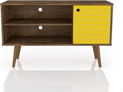 Manhattan Comfort Liberty Mid Century Modern TV Stand for Televisions up to 46 Inches, Bedroom and Living Room Entertainment Center with Storage, Shelves, and Cabinet, 43" Wide, Rustic Brown/Yellow - LeafyLoom