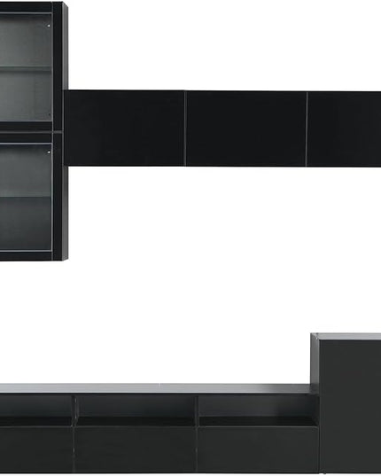 Merax High Gloss TV Stand with Wall Mounted Floating Storage Cabinets, Media Console for Television Up to 75" Versatile Entertainment Center, for Living Room, 93 inch Length, Black - LeafyLoom