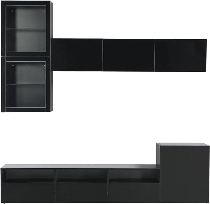 Merax High Gloss TV Stand with Wall Mounted Floating Storage Cabinets, Media Console for Television Up to 75" Versatile Entertainment Center, for Living Room, 93 inch Length, Black - LeafyLoom