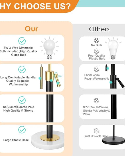 Floor Lamp for Living Room Adjustable Tall Standing Lamp, 3-Way Dimmable Floor Lamp for Bedroom Office, Black Gold Lamp with Marble Base and White Linen Shade, 6W 3000K LED Blub Included - LeafyLoom