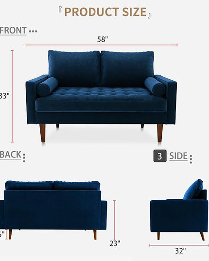 Velvet Furniture for Small, Mid-Century Modern Loveseats for Living Room, Love Seat Couch Sofas, 58 Inches, Space Blue - LeafyLoom
