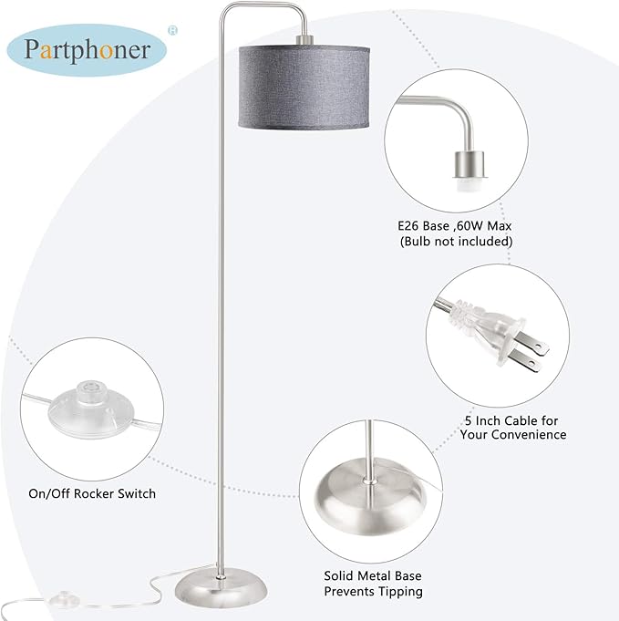 [Upgraded] LED Floor Lamp for Living Room, 3 Color Temperature Floor Lamp with Foot Switch Modern Standing Lamp Tall Pole Floor Reading Lamp for Bedroom Study Room, Bulb Included Silver (One Shade) - LeafyLoom