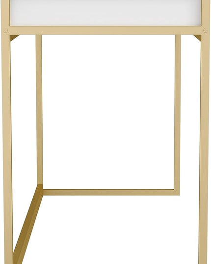 Martha Stewart Ollie Home Office Desk with 3 Drawers in White with Polished Brass Hardware - LeafyLoom