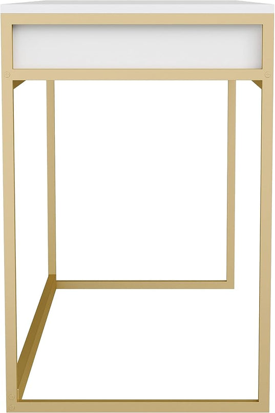 Martha Stewart Ollie Home Office Desk with 3 Drawers in White with Polished Brass Hardware - LeafyLoom