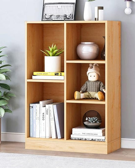 IOTXY Open Shelf Low Bookcase - Wooden 3-Tier Floor Standing Display Cabinet Organizer with Base, 5 Cubes Short Horizontal Bookshelf in Pear Yellow - LeafyLoom