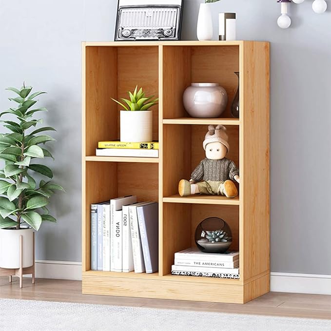 IOTXY Open Shelf Low Bookcase - Wooden 3-Tier Floor Standing Display Cabinet Organizer with Base, 5 Cubes Short Horizontal Bookshelf in Pear Yellow - LeafyLoom