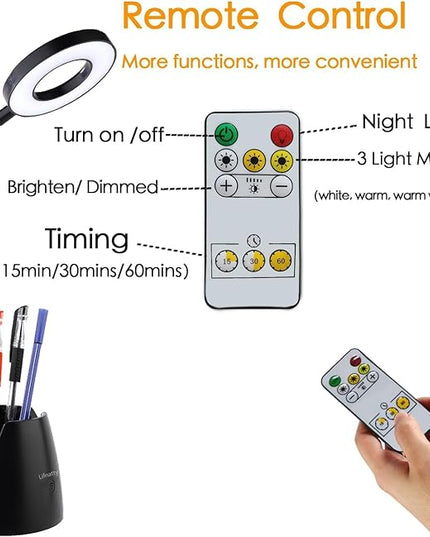 Desk Lamp, Desk Lamps for Home Office, Touchable, Remote Controlled, Dimmable, 3 Color Modes, Gooseneck, Black Table Light for Bedrooms, Led Desk Light, Small Office Lamp, Dorm Room Essentials - LeafyLoom