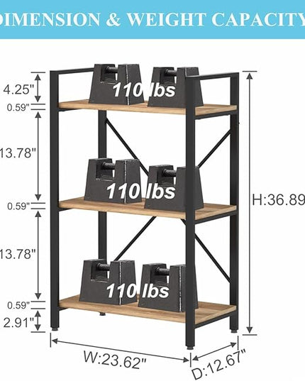 BON AUGURE Industrial 3 Tier Bookshelf, Rustic Small Book Shelves for Small Spaces, Short Wood Metal Etagere Bookcase for Living Room, Bedroom and Office (Vintage Oak) - LeafyLoom