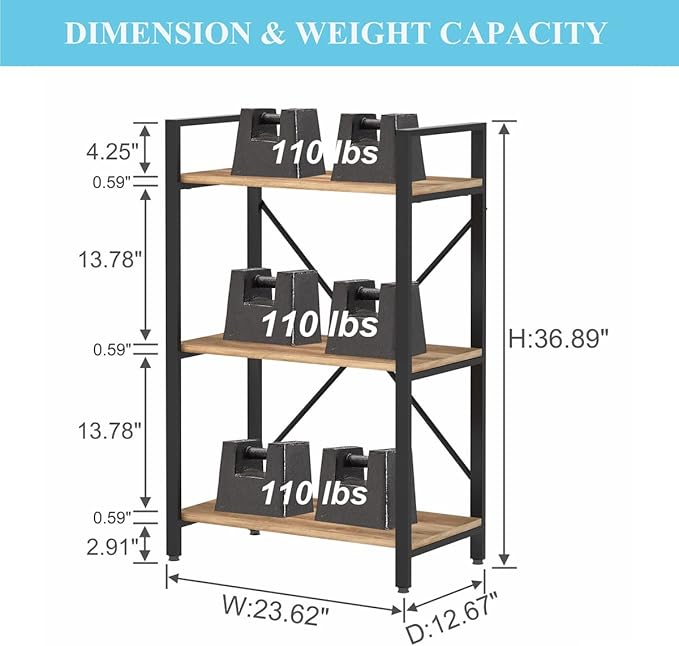 BON AUGURE Industrial 3 Tier Bookshelf, Rustic Small Book Shelves for Small Spaces, Short Wood Metal Etagere Bookcase for Living Room, Bedroom and Office (Vintage Oak) - LeafyLoom