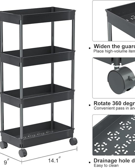 Sooyee 4 Tier Wide Storage Cart Mobile Shelving Unit Organizer Slide Out Storage Rolling Utility Cart Tower Rack for Kitchen Bathroom Laundry, Plastic & Stainless Steel,Black - LeafyLoom