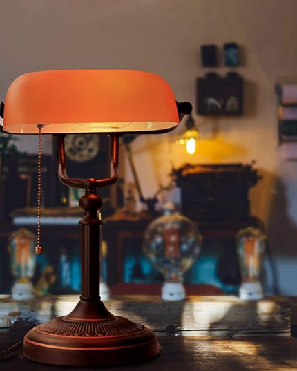 Newrays Matted Orange Glass Bankers Desk Lamp with Pull Chain Switch Plug in Fixture - LeafyLoom