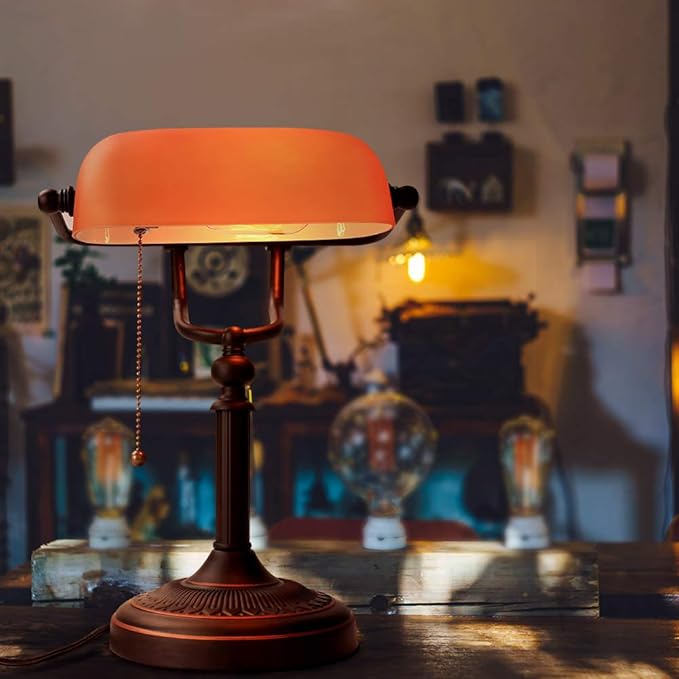 Newrays Matted Orange Glass Bankers Desk Lamp with Pull Chain Switch Plug in Fixture - LeafyLoom