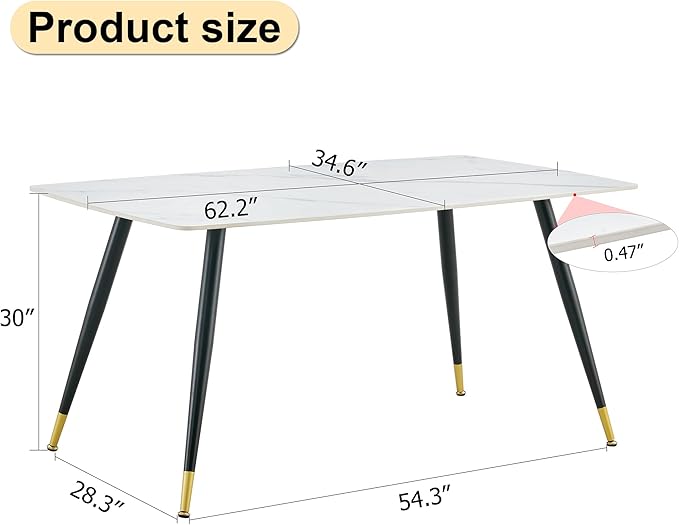 NicBex 62.2Inch Rectangular Dining Table,Modern Kitchen Table with Imitation Marble Tabletop and Black Metal Legs for 6 to 8,Large Dining Room Table for Kitchen,Meeting Living Room,Black+Gold - LeafyLoom